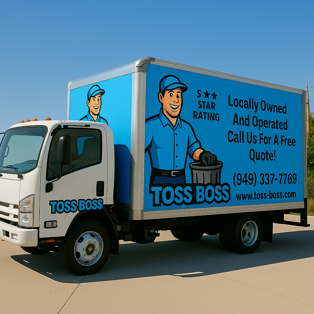 Toss Boss junk removal box truck parked and ready for a pickup in Orange County